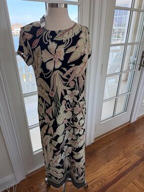 Black Floral-Print Maxi Dress with Cream and Pink Accents